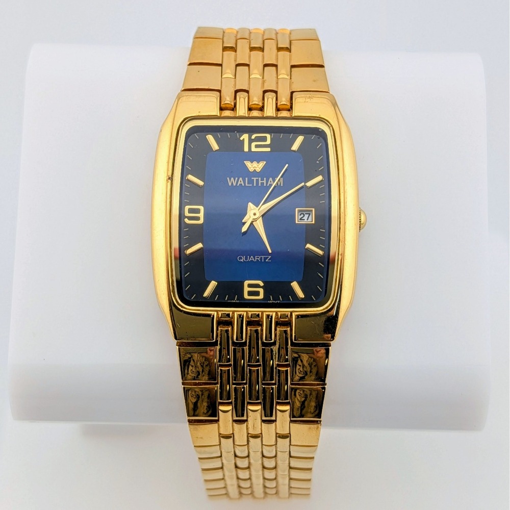 Waltham XAX335 Y2K Gold Tone Blue Dial Quartz Date Watch VJ22 28mm 6.75"